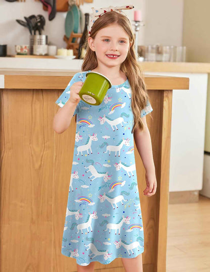 Arshiner Nightdress Girls Short Sleeve Pyjamas Children's Sleep Dress Cat Unicorn Crew Neck Night Dress 4-12 Years