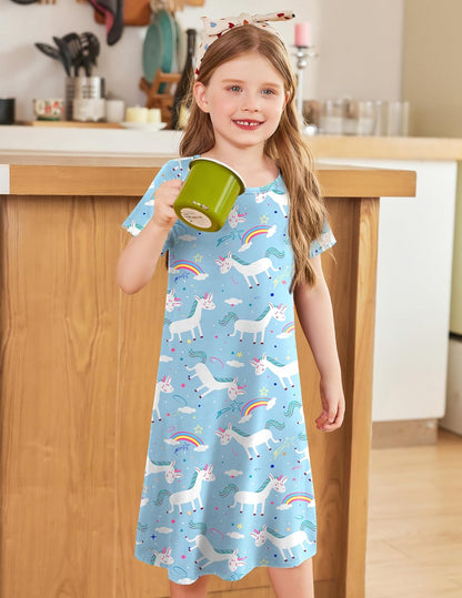 Arshiner Nachthemd Mädchen Kurzarm Pyjamas Kinder Schlafkleid Katze Einhorn Rundhals Nachtkleid 4-12 Jahre