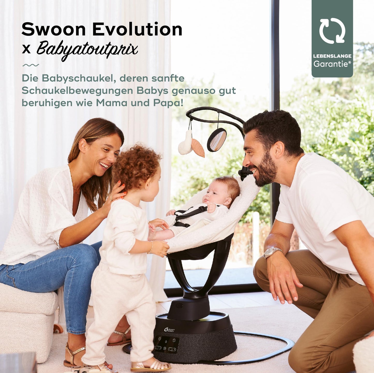 Babymoov Baby Swing Swoon Evolution Curl White - Electric Baby Rocker with 8 Rocking Movements, 360° Rotating Seat, 12 Melodies 