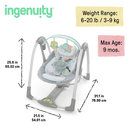 Ingenuity Hugs & Hoots zusammenklappbare & tragbare Babyschaukel, 5 Schaukelgeschwindigkeiten, 8 Melodien, 3 Naturgeräusche, Lautstärkeregulierung und Spielzeugbügel, ab der Geburt bis 9kg