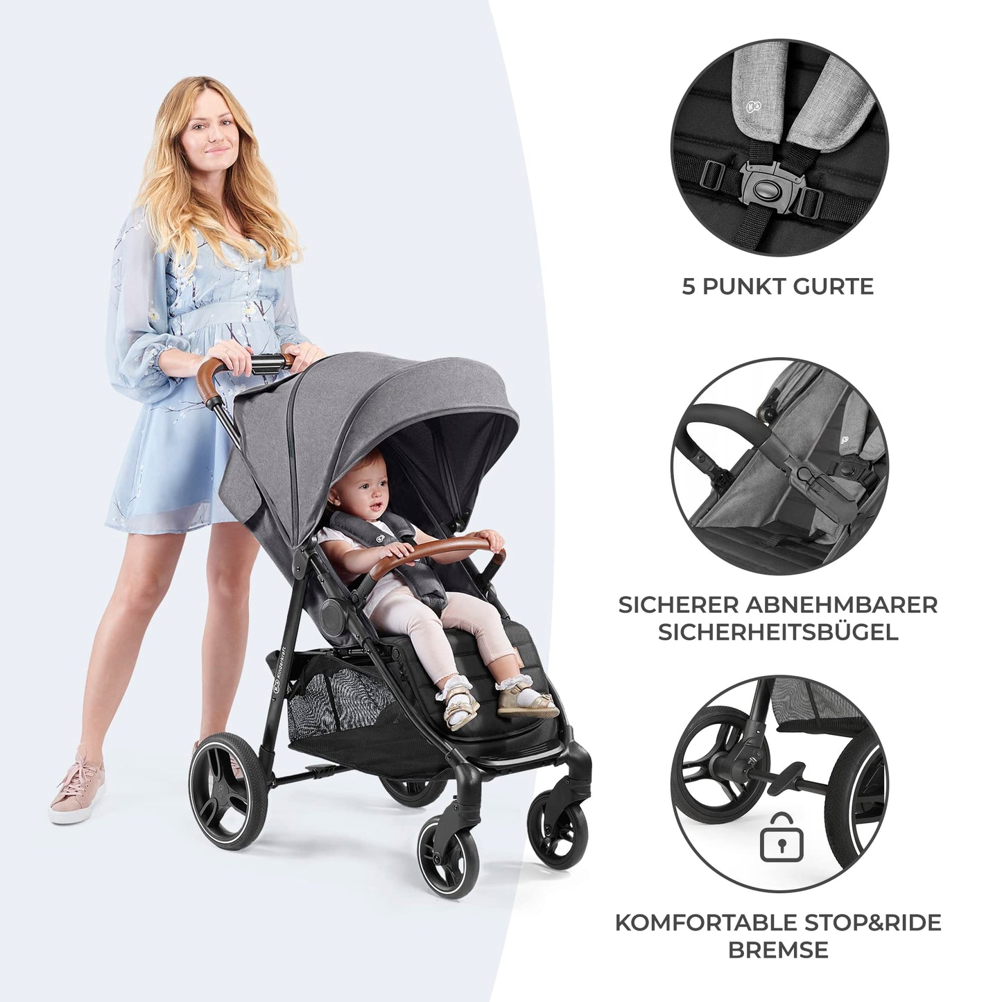 Kinderkraft GRANDE PLUS Kinderkraft Buggy von Geburt bis 22 kg, Zusammenklappen mit einer Hand, Liegeposition, großes Verdeck mit Fenster, alle 4 Räder gedämpft, geräumige Sitz, Grau - Meloni2