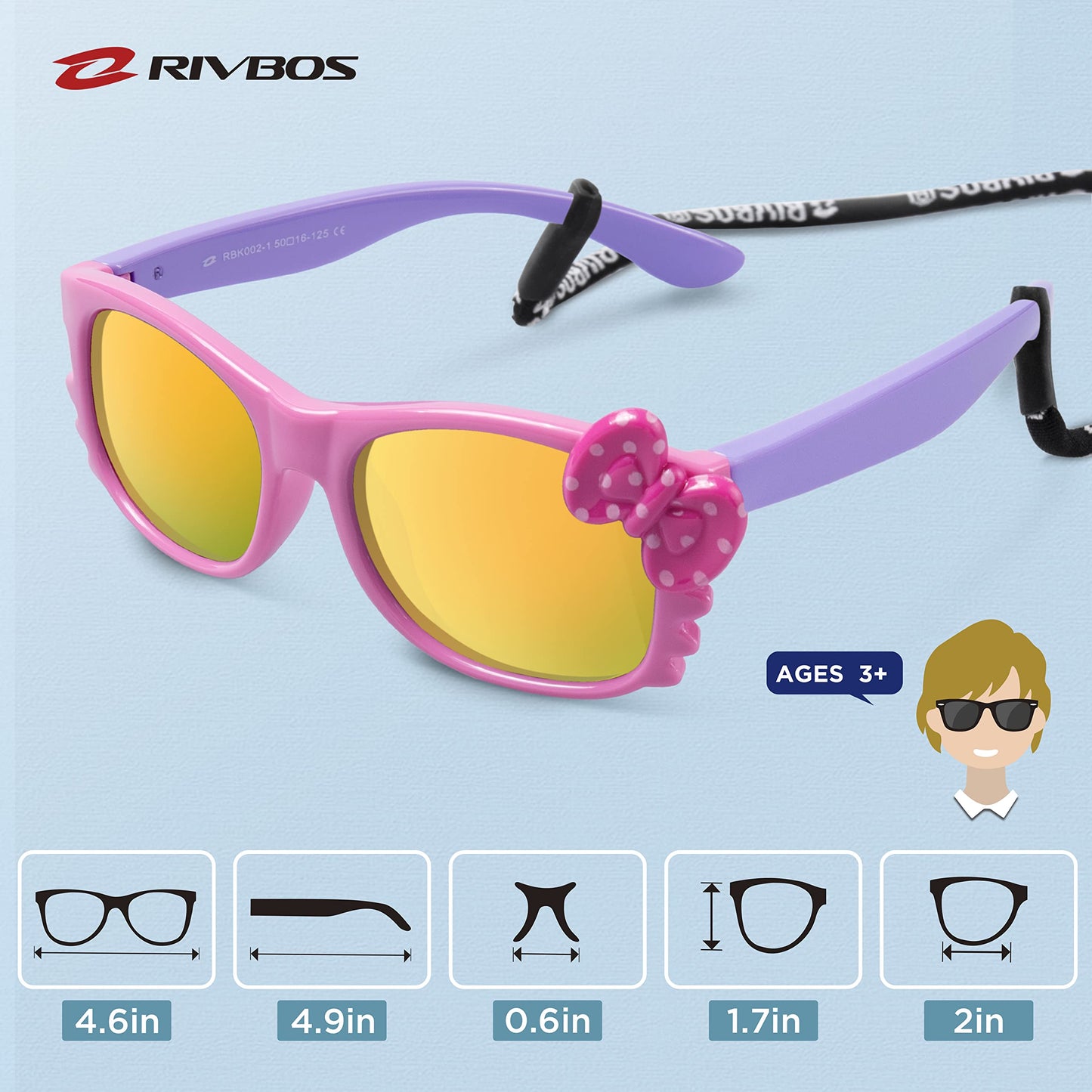RIVBOS Rubber Sunglasses Children's Polarised UV400 Protection Flexible Glasses with Strap Boys Girls Baby and Children Age 3-10 RBK002-1
