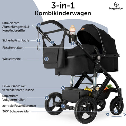Bergsteiger Nizza 3 in 1 Kinderwagen, Kombikinderwagen Komplettset, Auto-Babyschale & Isofix Station, Babywanne & Buggy Sportsitz inklusive