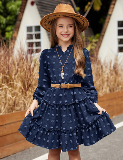 Arshiner Dress Girls Festive Flounce V-Neck Long Sleeve Dress Swiss Dot Chiffon Dress Children Tiered Dress A-Line Party Dress Wedding Princess Dress Swing Skater Dress 5-12 Years 