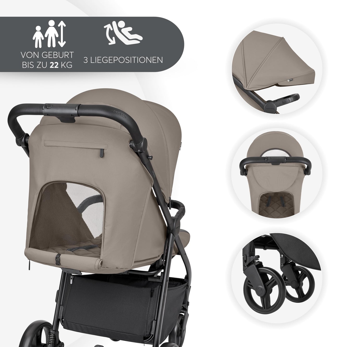 KikkaBoo Reisebuggy Kinderwagen URBAN, Buggy mit Liegefunktion ab Geburt bis 22 kg, Klein Zusammenklappbar, Leicht, EVA Räder mit Federung, Höhenverstellbarer Griff, Beige
