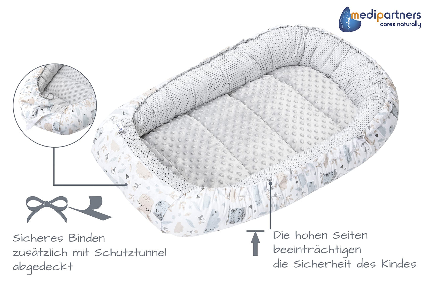 Medi Partners Babynestchen Babynest Set 100x60x15 Kuschelnest 5 teilig herausnehmbarer Einsatz Kokon Nestchen Babys Neugeborene 100% Baumwolle (REH mit Grauem Minky) - Meloni2