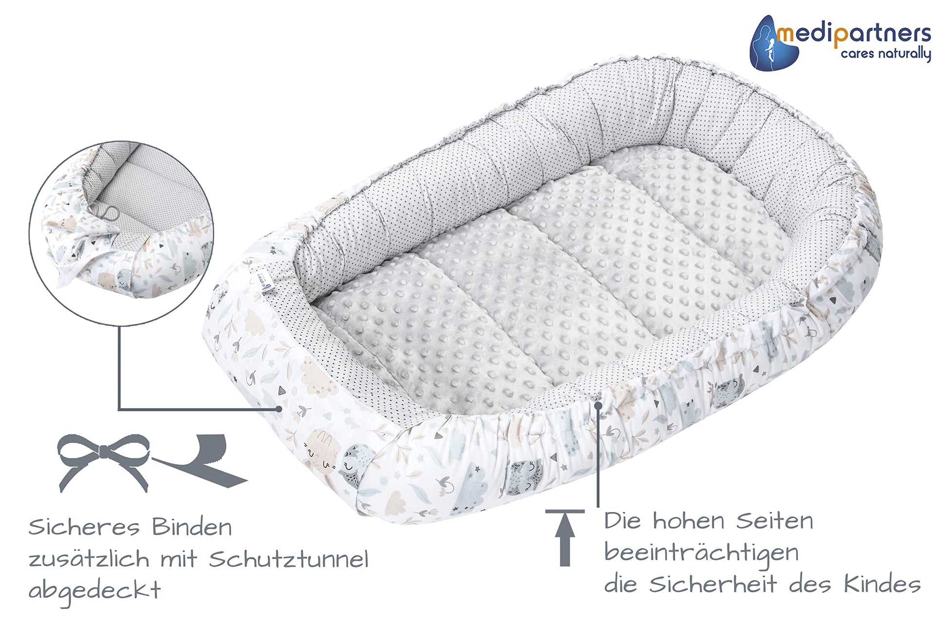 Medi Partners Babynestchen Babynest Set 100x60x15 Kuschelnest 5 teilig herausnehmbarer Einsatz Kokon Nestchen Babys Neugeborene 100% Baumwolle (REH mit Grauem Minky) - Meloni2