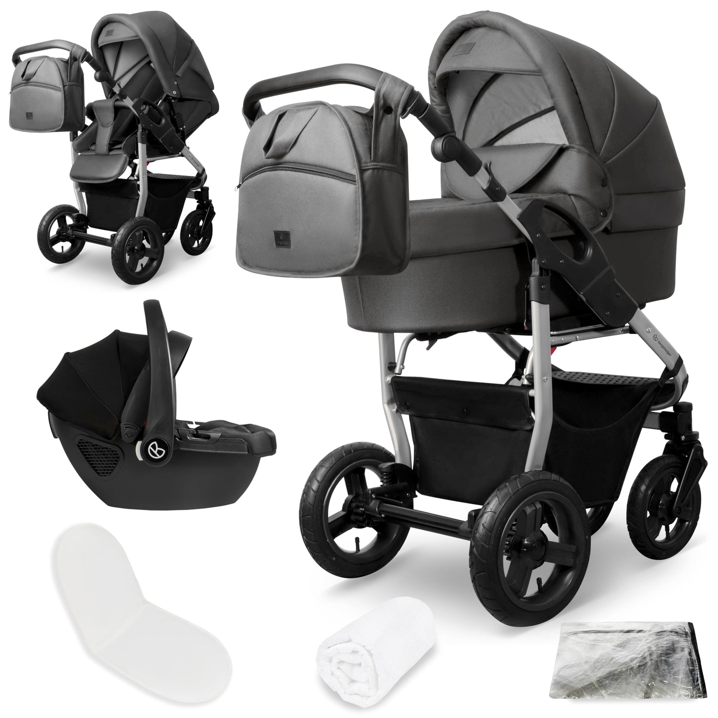Bergsteiger Capri 3-in-1 Combination Pushchair - Baby Carrier, Sports Seat & i-Size Baby Seat, Pneumatic Tyres, Suspension, Height-Adjustable Handle, Foldable, Accessories