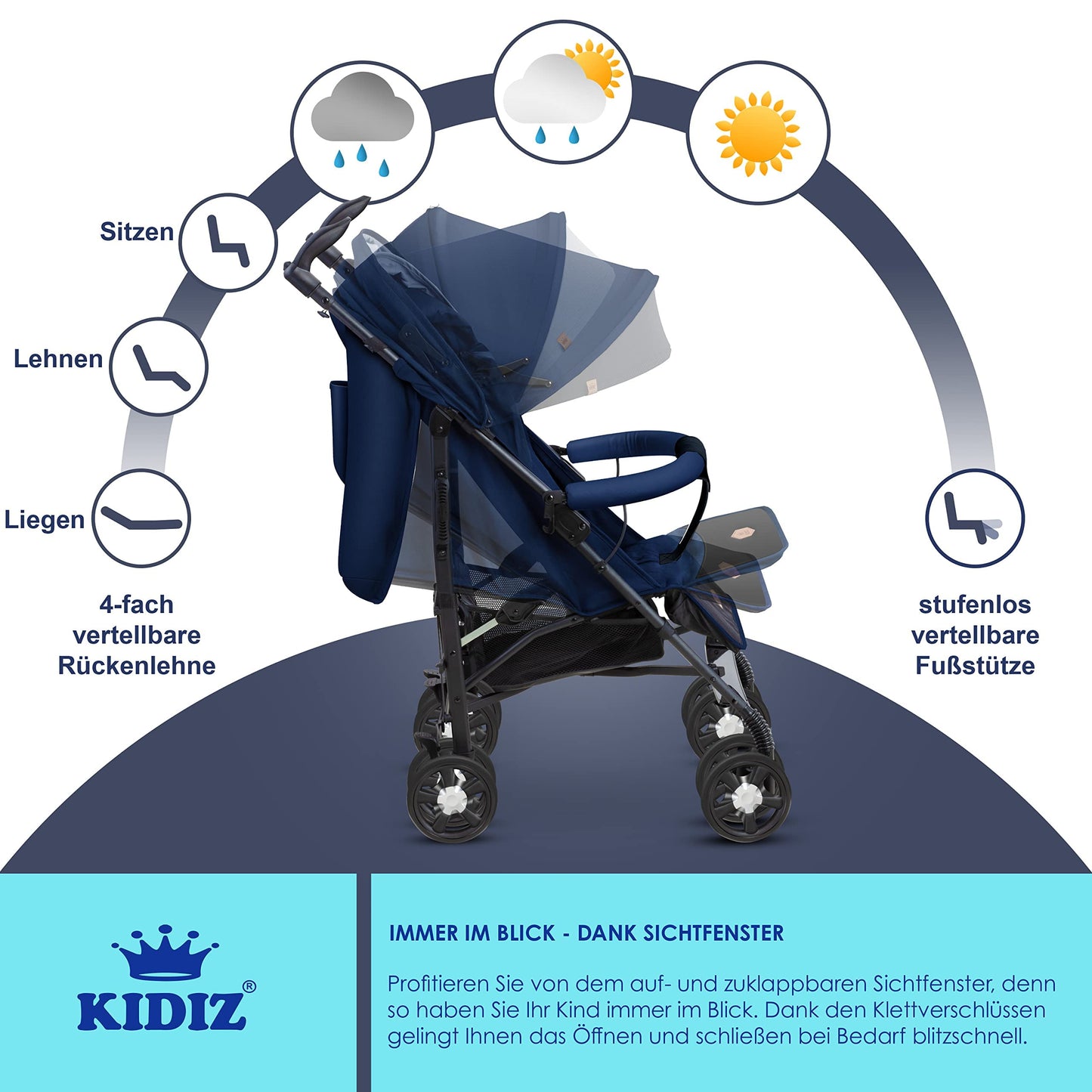 KIDIZ® City-Pro Pushchair Folding Pushchair Pushchair Sports Pushchair Foldable 360° 6 Inch Wheels Includes Mosquito Net, Footmuff and Rain Cover Foldable Sleep Function Blue 