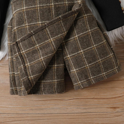 UUAISSO Kleinkind Baby Mädchen Kleidung Langarm Gerippte Oberteile Plaid Tweed Muster Rock Baskenmütze Herbst Knopf Outfits Sets