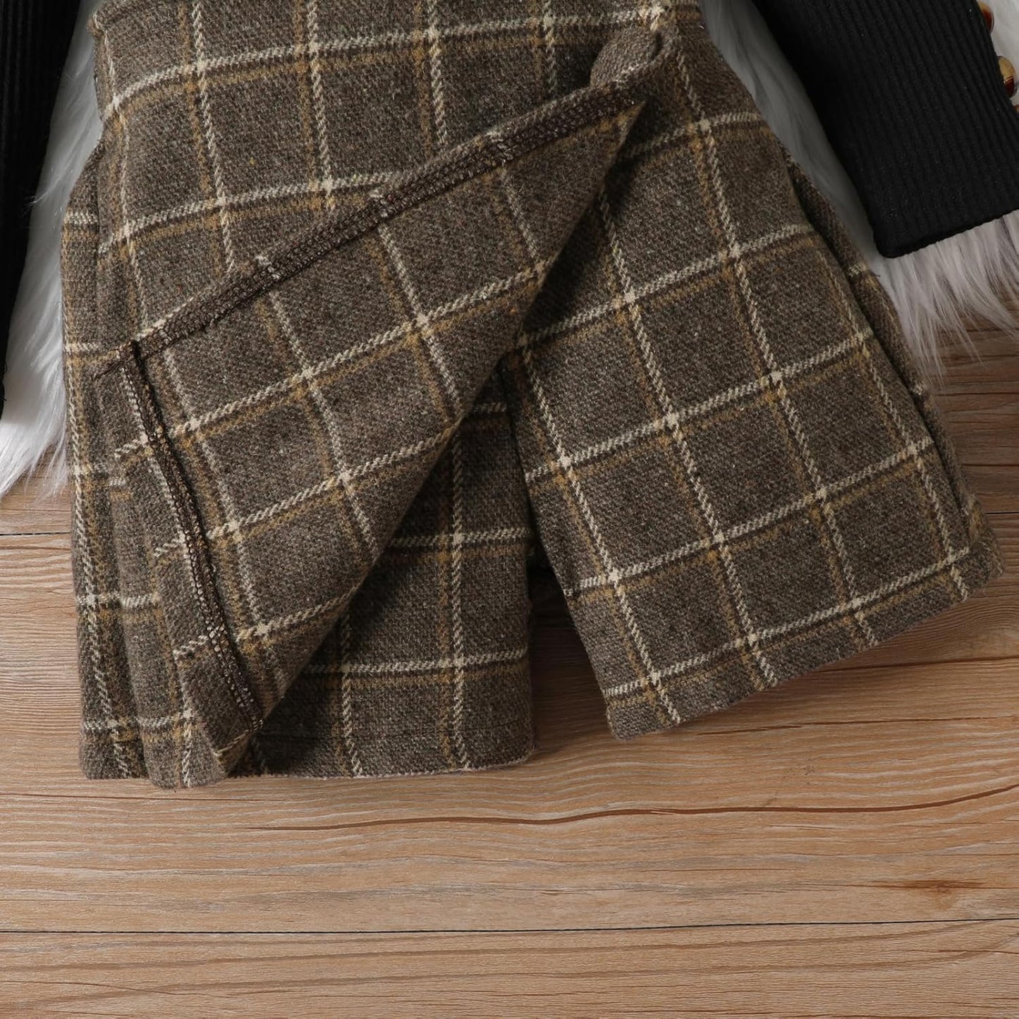 UUAISSO Kleinkind Baby Mädchen Kleidung Langarm Gerippte Oberteile Plaid Tweed Muster Rock Baskenmütze Herbst Knopf Outfits Sets