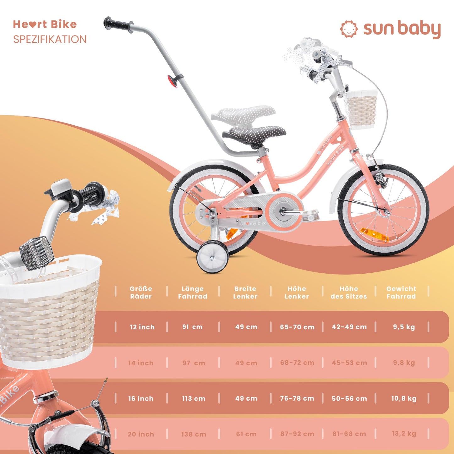 sun baby Mädchenfahrrad 12, 14 und 16 Zoll Radgröße Heart Bike zur Auswahl, mit Abnehmbarer Schubstange, Kinderfahrrad für Mädchen von 2 bis 6 Jahre