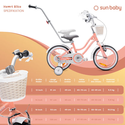 sun baby Mädchenfahrrad 12, 14 und 16 Zoll Radgröße Heart Bike zur Auswahl, mit Abnehmbarer Schubstange, Kinderfahrrad für Mädchen von 2 bis 6 Jahre