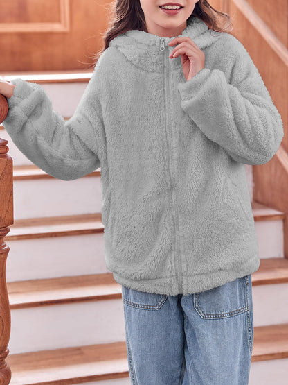 Haloumoning Girls' Fleece Jackets Kids Soft Fuzzy Hoodie Winter Coat Jacket 