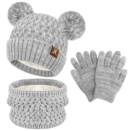 Children's Winter Hat Loop Scarf Touchscreen Gloves Set 2 3 4 5 6 7 Years Toddler Winter Hat Beanie Tube Scarf Knitted Pom Hats Gift Girls Boys