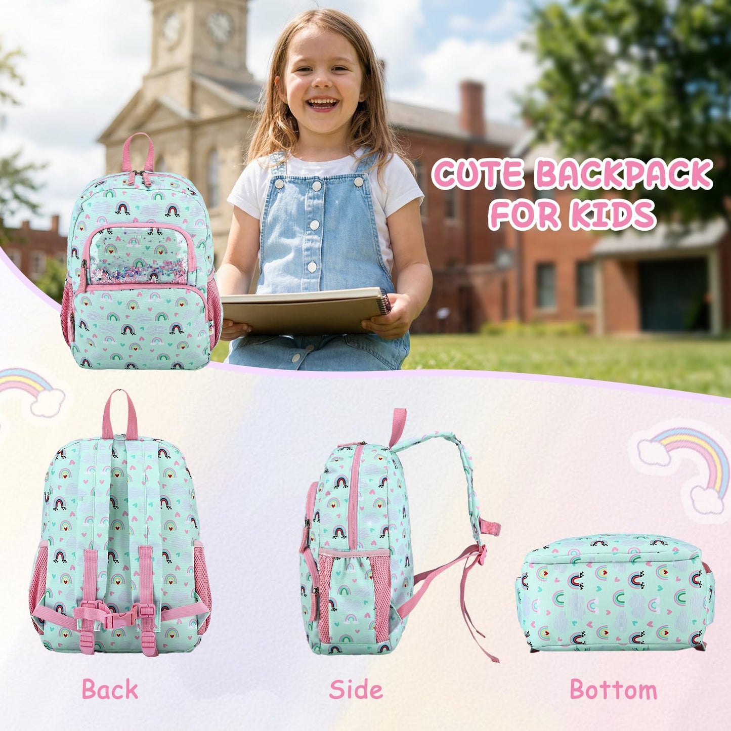 Kinderrucksack für Mädchen 5–8 Jahre, 12L Leichter & Wasserabweisender mit Brustgurt, Perfekt für Vorschule & Grundschule，Regenbogen