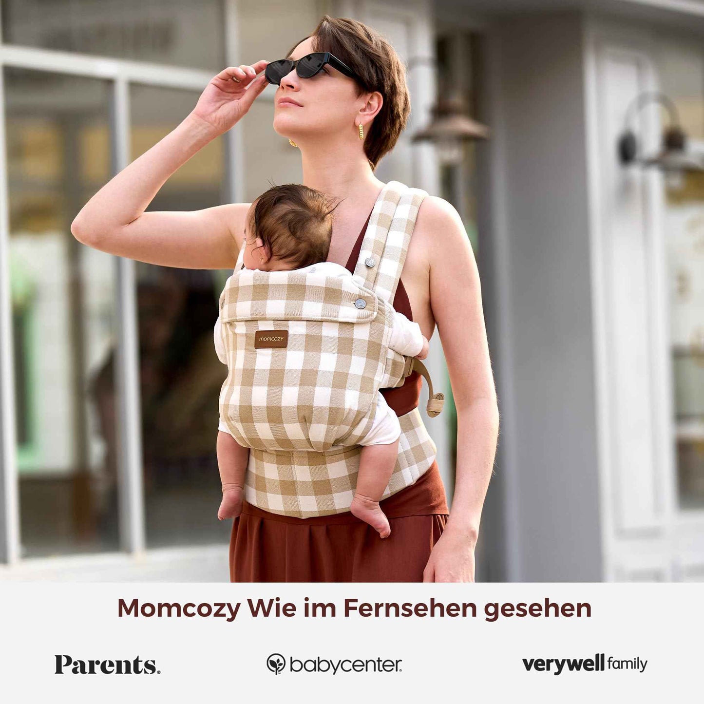 Momcozy Babytrage aus 100% Baumwolle – Baby Carrier für Kleinkind (3-24 Monate, 3,2-20 kg) · Ergonomische M-Position · X-Rücken · Taillengurt 64-127cm, Khaki
