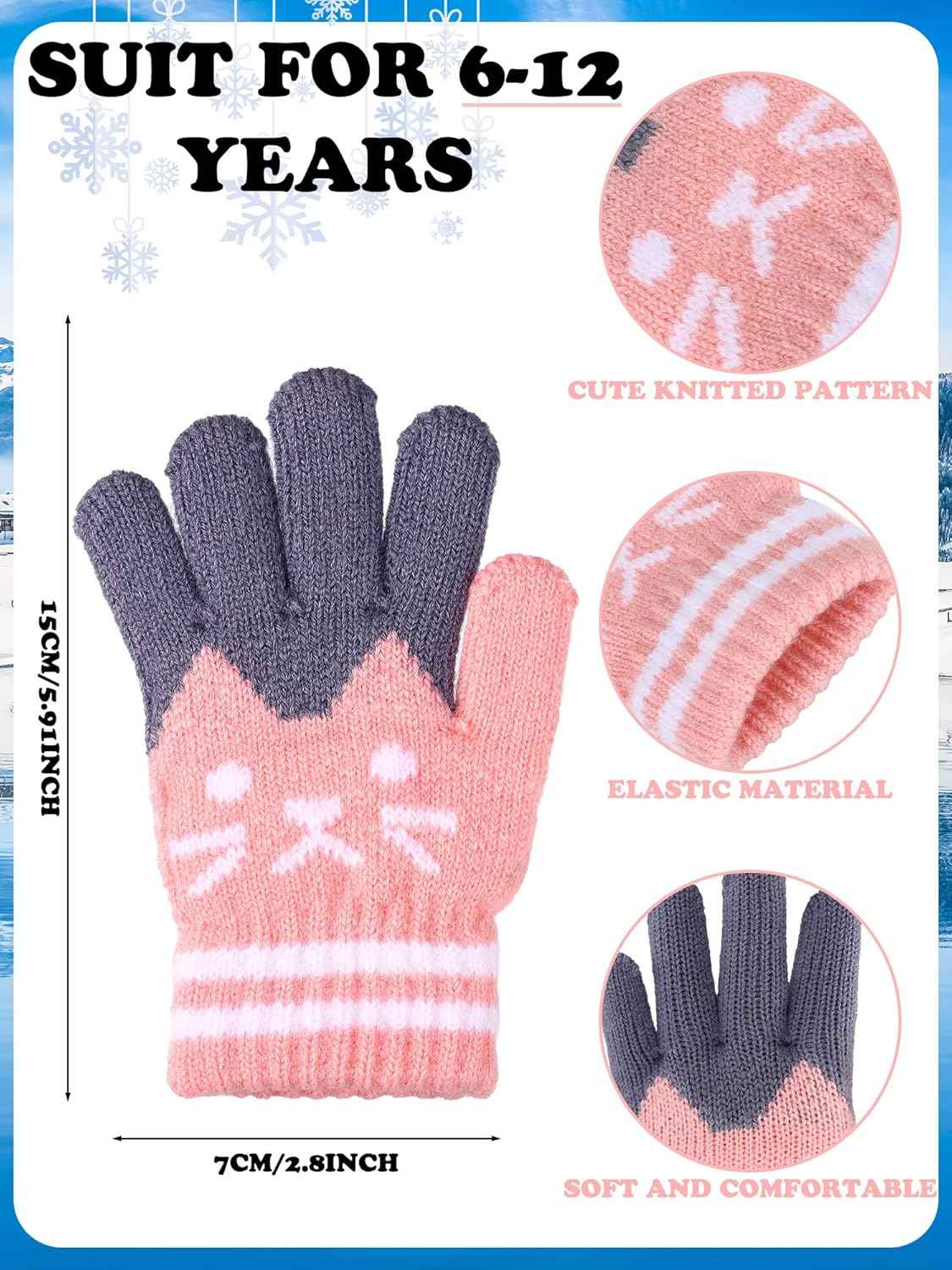 SATINIOR 2 Paar Winter Kinder Handschuhe Katze Fäustlinge Warme Gestrickte Handschuhe für 6-12 Jahre, Schwarz und Rosa