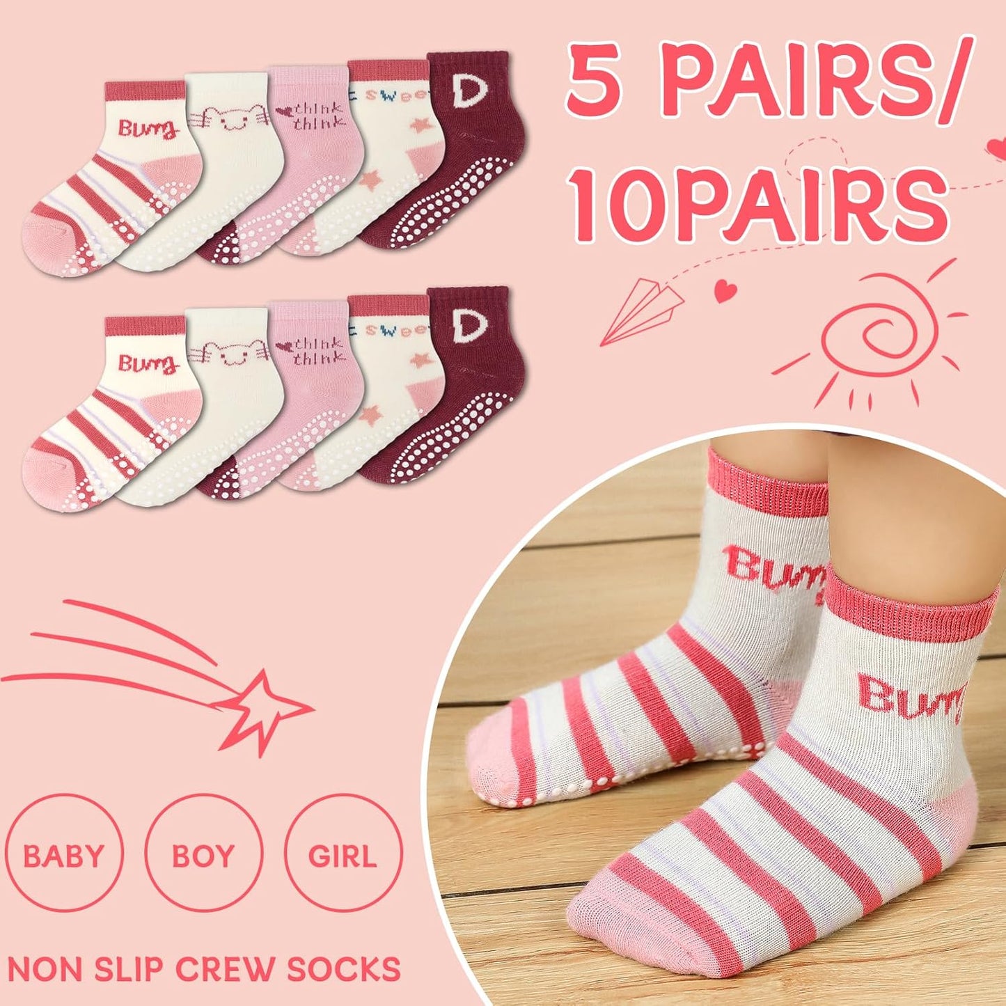 KOWAYI Stoppersocken Kinder 5/10 Paar ABS Rutschsocken Kinder Jungen, Mädchen, Baby Antirutschsocken 1-7 Jahre Grip Socken