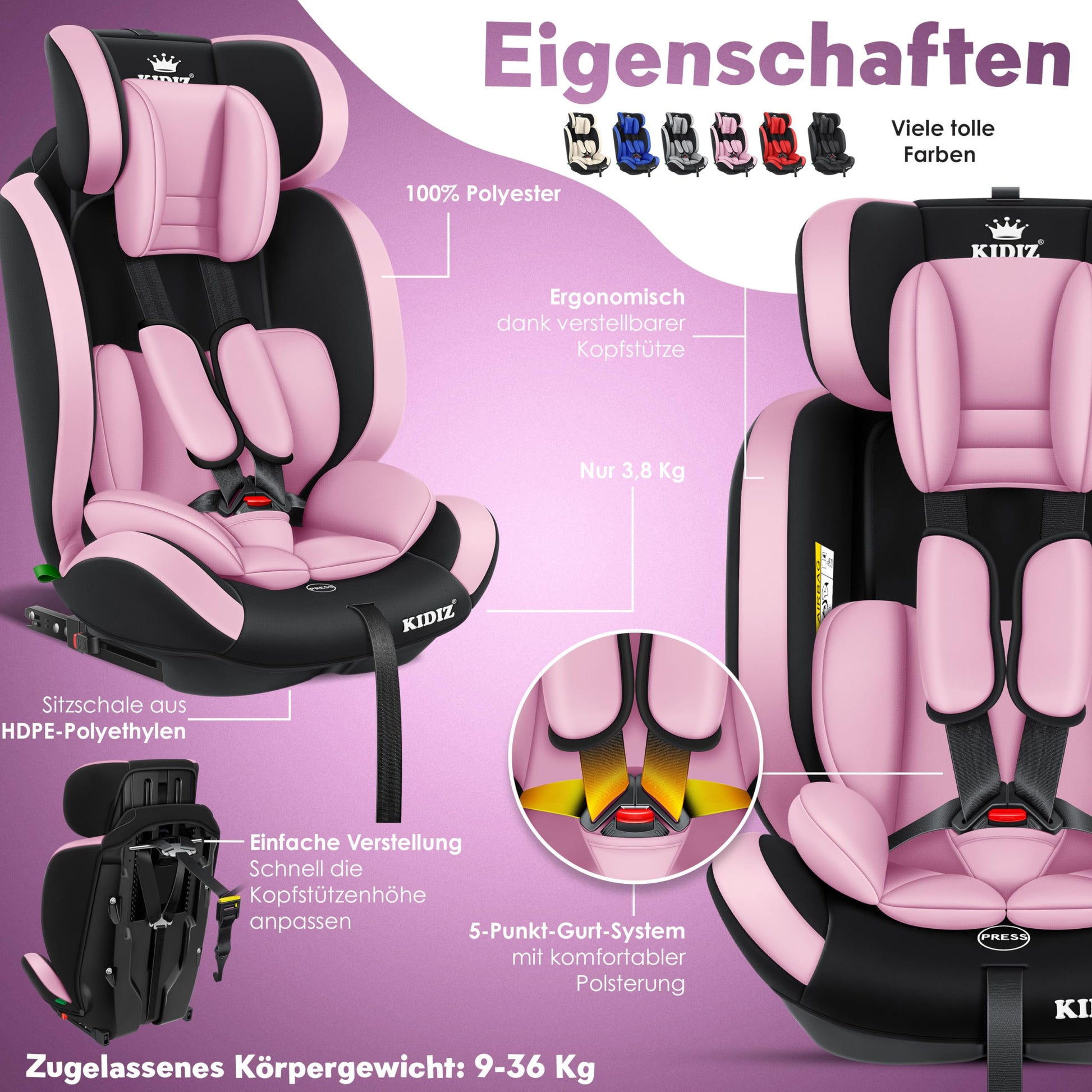 KIDIZ® Autokindersitz Kinderautositz Gruppe 1+2+3 9-36 kg 5-Punkt-Sicherheitsgurt, Autositz, Kindersitz, Einstellbare Kopfstütze, Mitwachsende Sitzerhöhung 1-12 Jahre, Stabil und Sicher - Meloni2