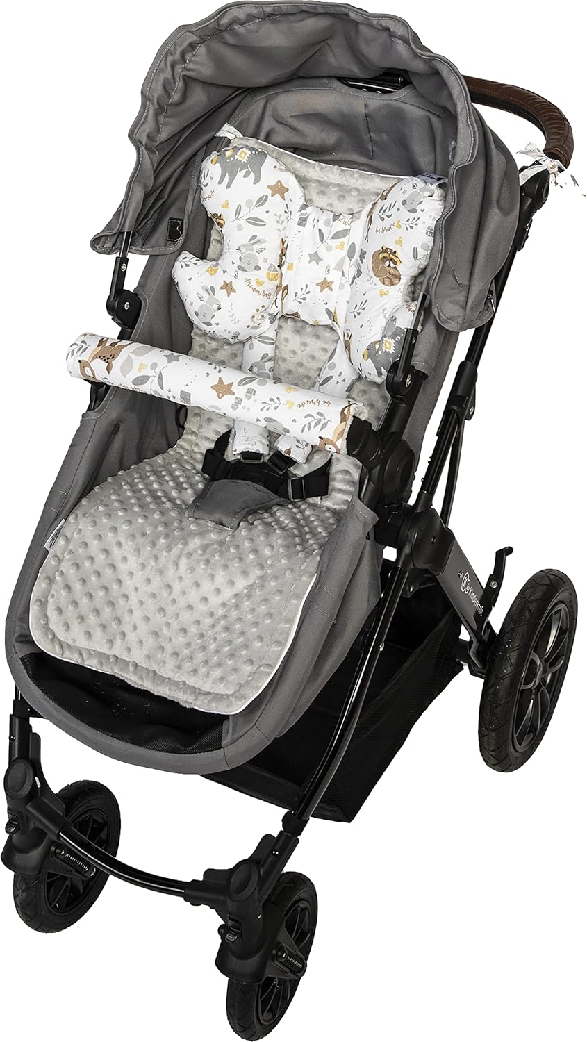 Sitzauflage Kinderwagen Buggy Baby Sommer Kindersitz Einlage Universal - 5tgl Gurtpolster + Spielbogen Kinderwagenset Babyschale (Safari mit beige Minky)