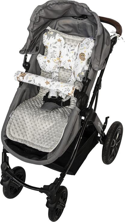 Sitzauflage Kinderwagen Buggy Baby Sommer Kindersitz Einlage Universal - 5tgl Gurtpolster + Spielbogen Kinderwagenset Babyschale (Safari mit beige Minky)