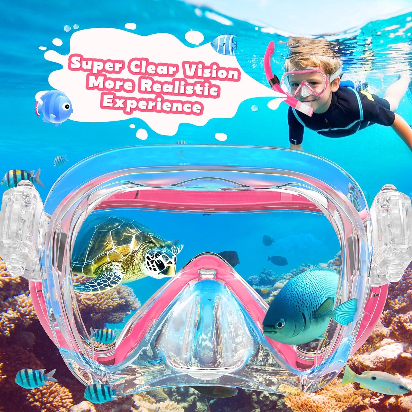 SkrekuiMa Taucherbrille Kinder | Schwimmbrille Kinder Schnorchelmaske Anti-Fog Anti-Leck | Tauchmaske Kinder 180°Panorama HD Tempered Glas für Kinder 4-12 Jahre Jungen Mädchen