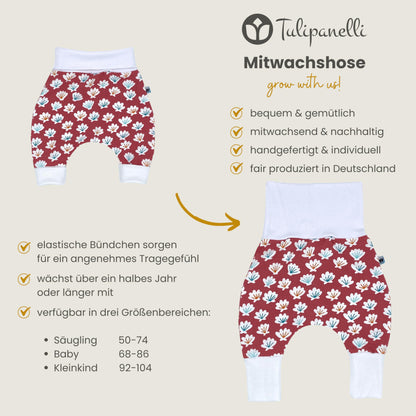 Baby Baggy Trousers, Girls' Handmade Cotton Jersey Grow Trousers, Sizes 50-74, 68-86, 92-104 (Wild Flowers, 50-74)