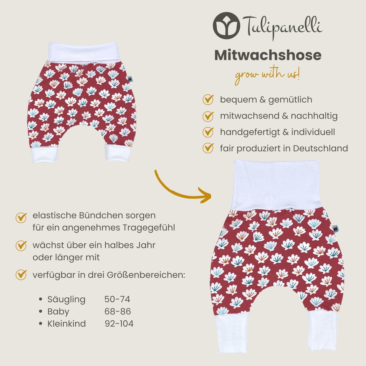 Baby Baggy Trousers, Girls' Handmade Cotton Jersey Grow Trousers, Sizes 50-74, 68-86, 92-104 (Wild Flowers, 50-74)