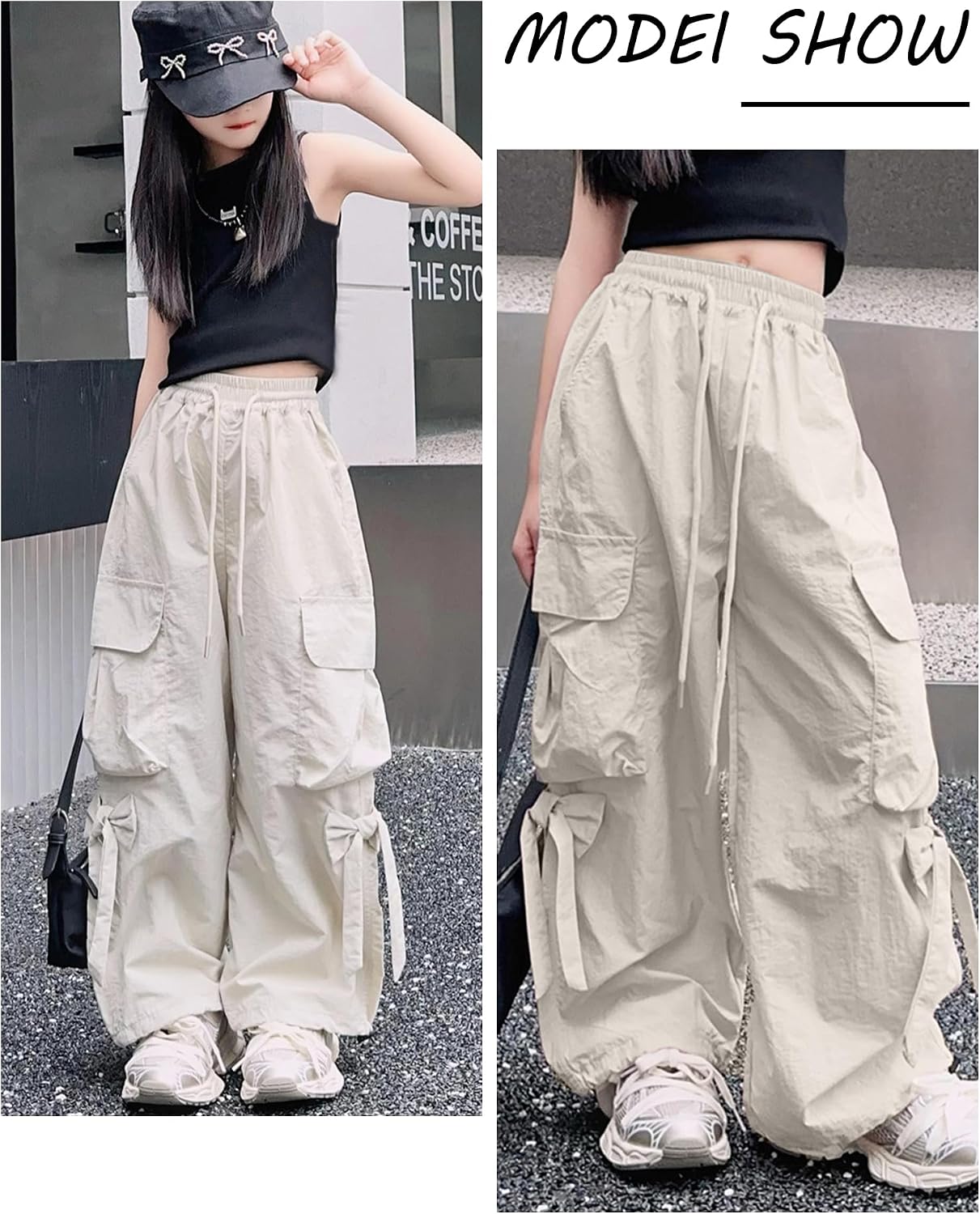 Cargo Hose Mädchen Freizeithose Baggy Hip Hop Hose mit Gummibund Schleife Leicht Dünn Sommerhose 4 Taschen Freizeit Streetwear Kinder 5-14 Jahre