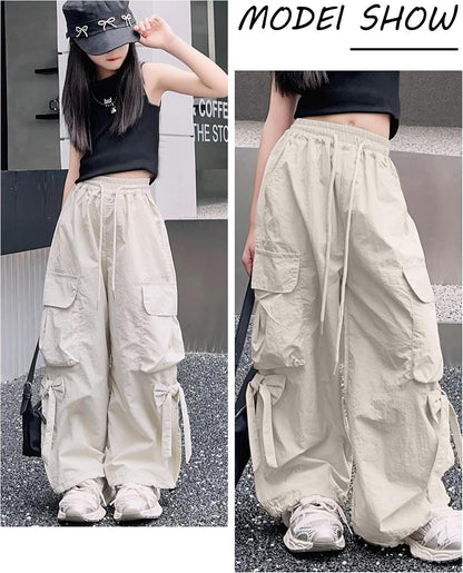 Cargo Hose Mädchen Freizeithose Baggy Hip Hop Hose mit Gummibund Schleife Leicht Dünn Sommerhose 4 Taschen Freizeit Streetwear Kinder 5-14 Jahre