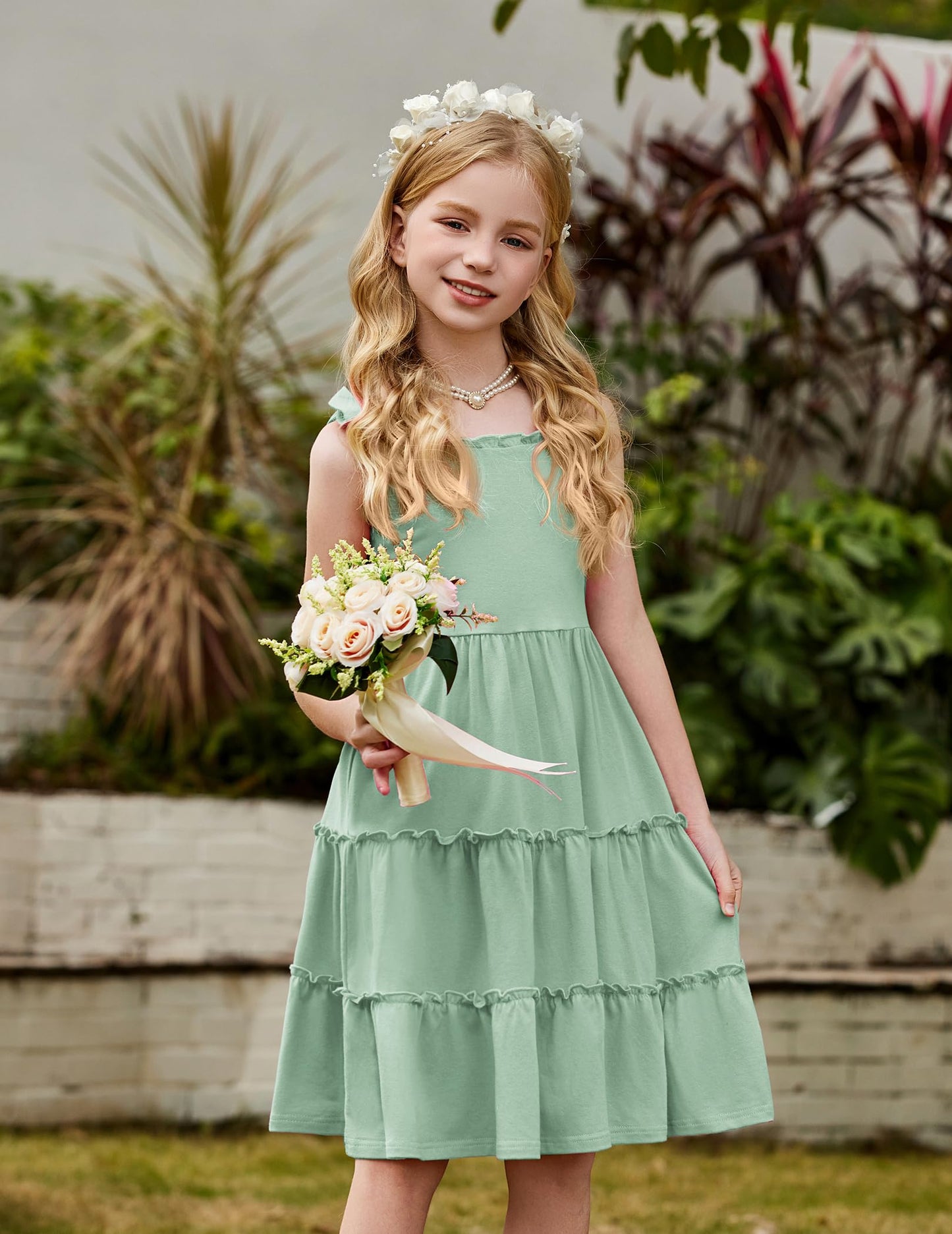 Arshiner Mädchen Kleider Fliege Trägerkleid Kinder Baumwolle Sommerkleid Ärmelloses A-Linie Swingkleid Schulterfrei Elegant Freizeitkleid für Mädchen 5-15 Jahre