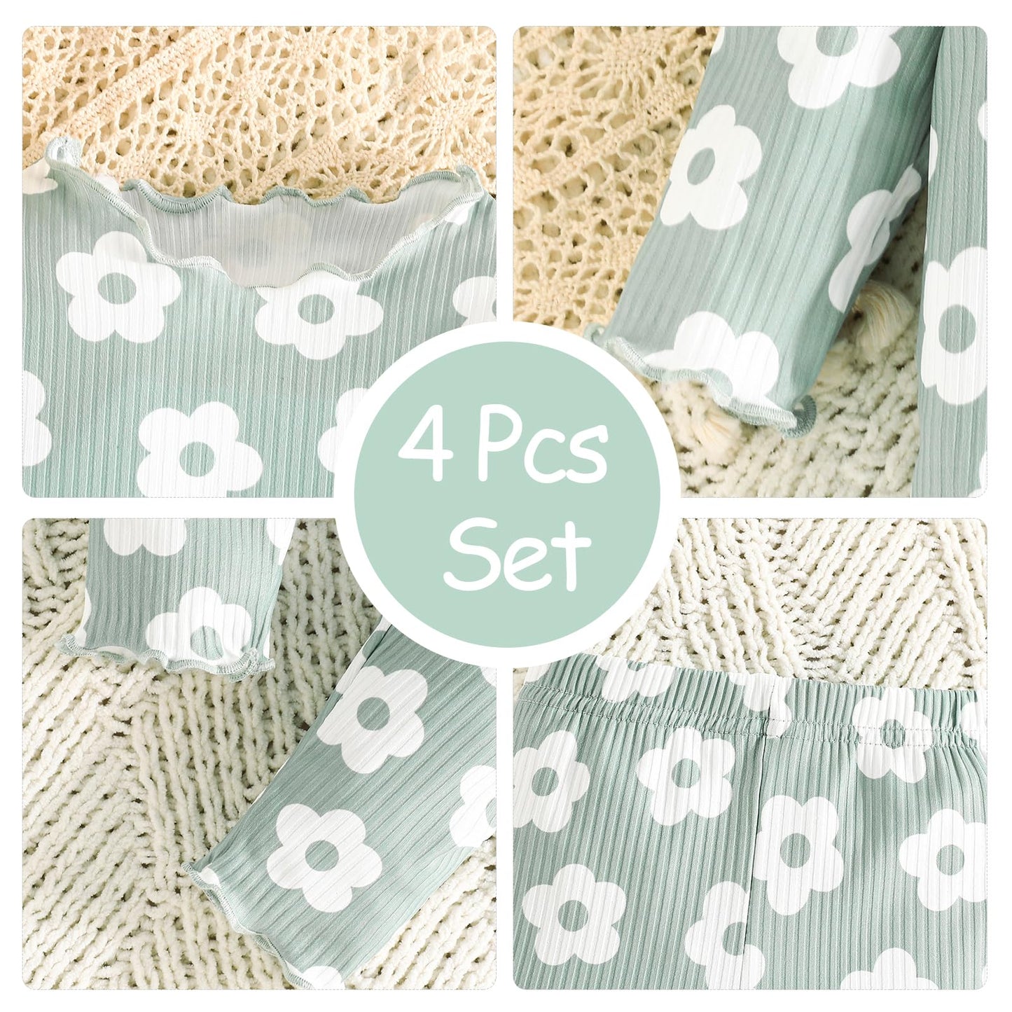 Kleinkind Baby Mädchen Kleidung Set Rüschen gerippt Kurzarm / Langarm T-Shirt Tops + Shorts Hosen 4 Stück Sommer Herbst Süße Outfits Set