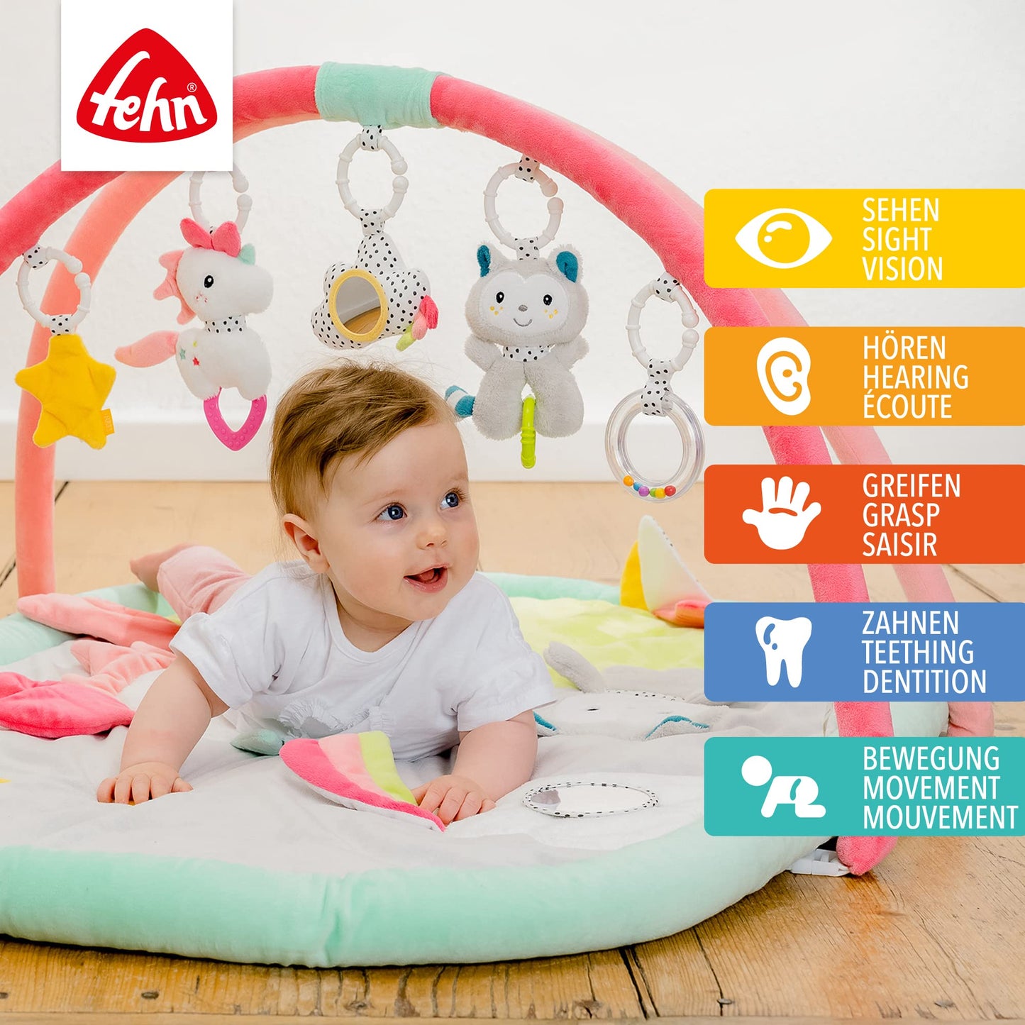 Fehn 3-D-Activity-Decke Spielbogen Peru – Baby Krabbeldecke mit 5 abnehmbaren Spielzeugen zum Greifen – Spieldecke für Babys und Kinder ab 0+ Monaten – Krabbelmatte als Geschenk zur Geburt
