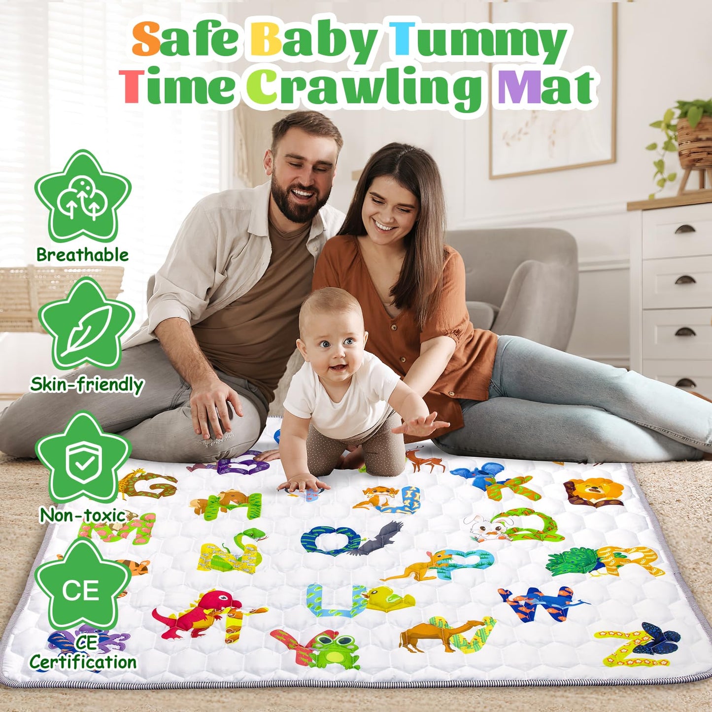 Funsland crawling carpet for babies, non-slip baby play mat, non-toxic 127x127cm, cotton animal crawling mat for babies, foldable with a height ruler, children's play mat for indoors/outdoors/fences 
