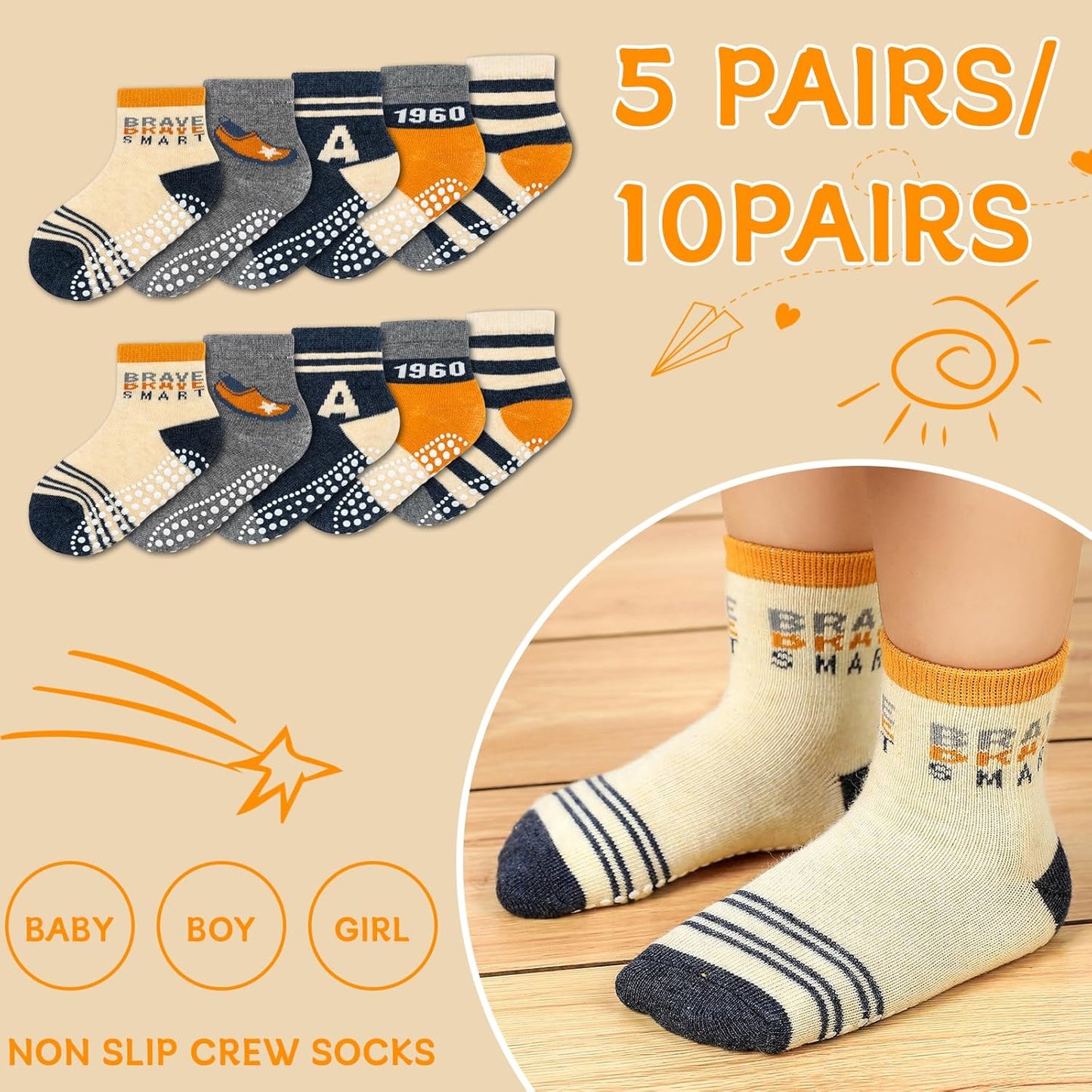 KOWAYI Stoppersocken Kinder 5/10 Paar ABS Rutschsocken Kinder Jungen, Mädchen, Baby Antirutschsocken 1-7 Jahre Grip Socken