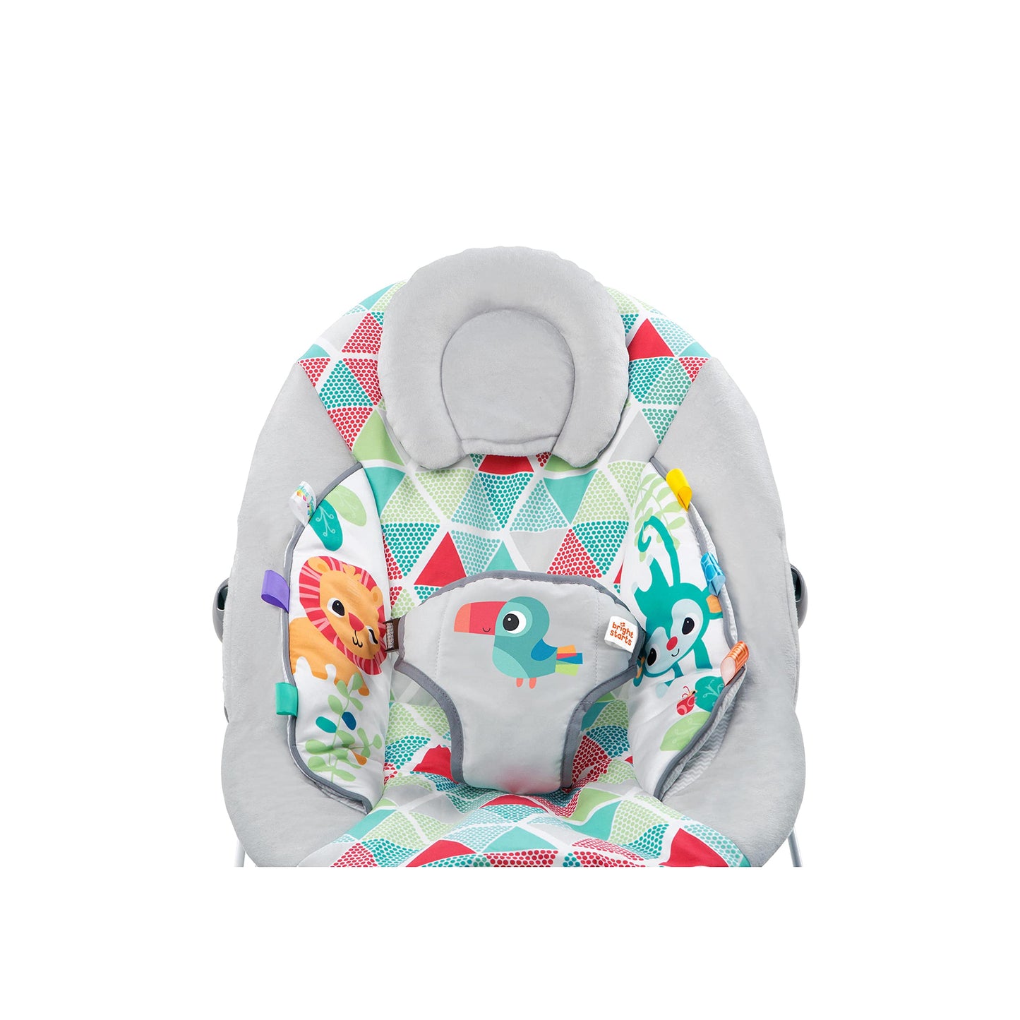 Bright Starts, Babywippe Babyschaukel Safari Fun mit Beruhigenden Vibrationen, Spielbogen mit 2 Spielzeugen, 3-Punkte-Gurt Sitz, Maschinenwaschbares Sitzpolster, ab der Geburt bis 9kg