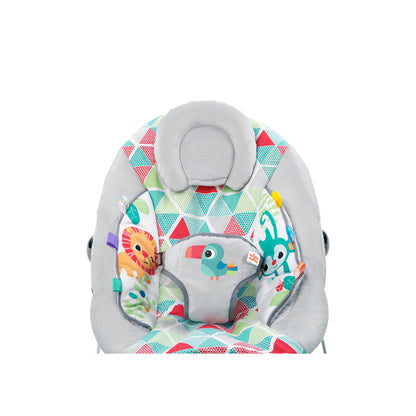 Bright Starts, Babywippe Babyschaukel Safari Fun mit Beruhigenden Vibrationen, Spielbogen mit 2 Spielzeugen, 3-Punkte-Gurt Sitz, Maschinenwaschbares Sitzpolster, ab der Geburt bis 9kg