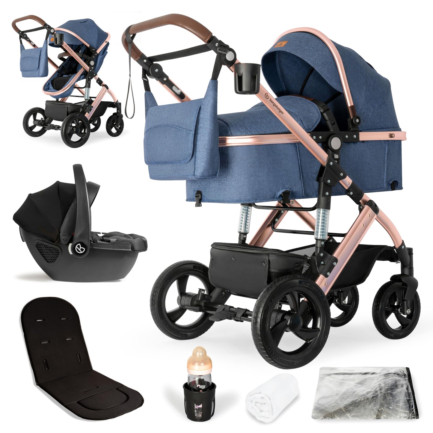 Bergsteiger Nizza 3 in 1 Kinderwagen, Kombikinderwagen Komplettset, Auto-Babyschale & Isofix Station, Babywanne & Buggy Sportsitz inklusive