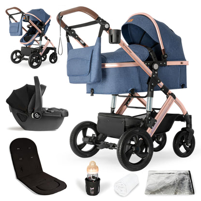 Bergsteiger Nizza 3 in 1 Kinderwagen, Kombikinderwagen Komplettset, Auto-Babyschale & Isofix Station, Babywanne & Buggy Sportsitz inklusive