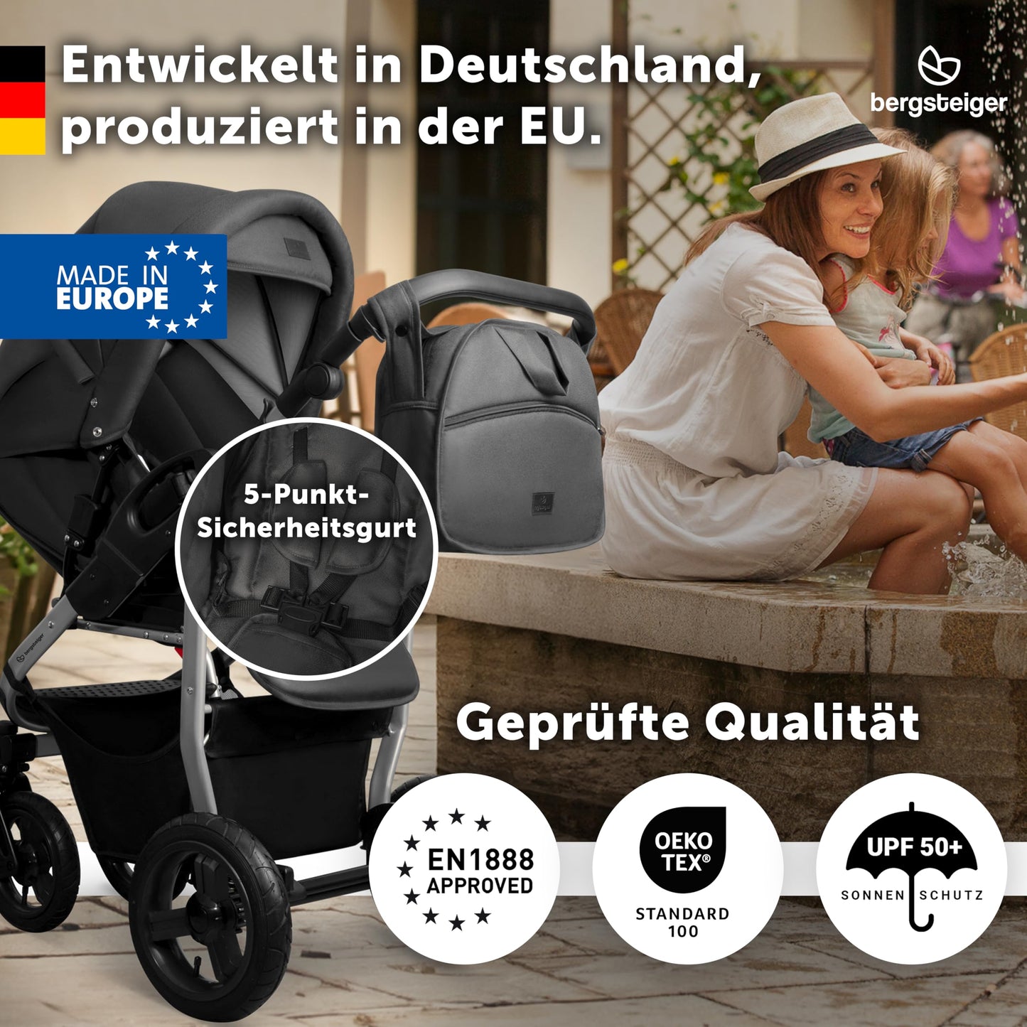 Bergsteiger Capri 3-in-1 Combination Pushchair - Baby Carrier, Sports Seat & i-Size Baby Seat, Pneumatic Tyres, Suspension, Height-Adjustable Handle, Foldable, Accessories