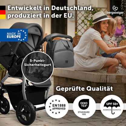 Bergsteiger Capri 3-in-1 Combination Pushchair - Baby Carrier, Sports Seat & i-Size Baby Seat, Pneumatic Tyres, Suspension, Height-Adjustable Handle, Foldable, Accessories