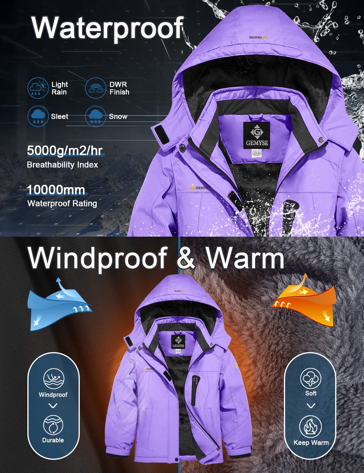 GEMYSE Girls' Waterproof Ski Jacket Windproof Fleece Outdoor Winter Jacket Rain Jacket with Hood