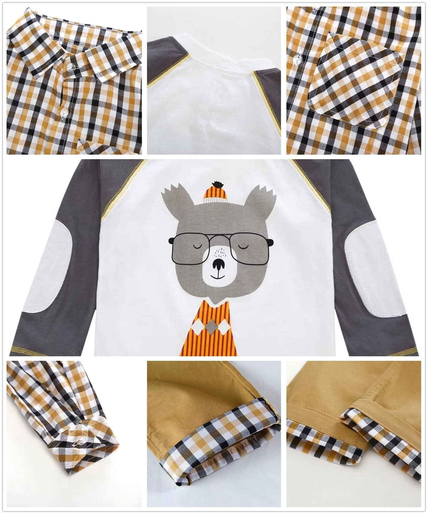 MERCIYD Toddler Boys Casual 3-Piece Clothing Set T-Shirt + Checked Shirt + Khaki Trousers