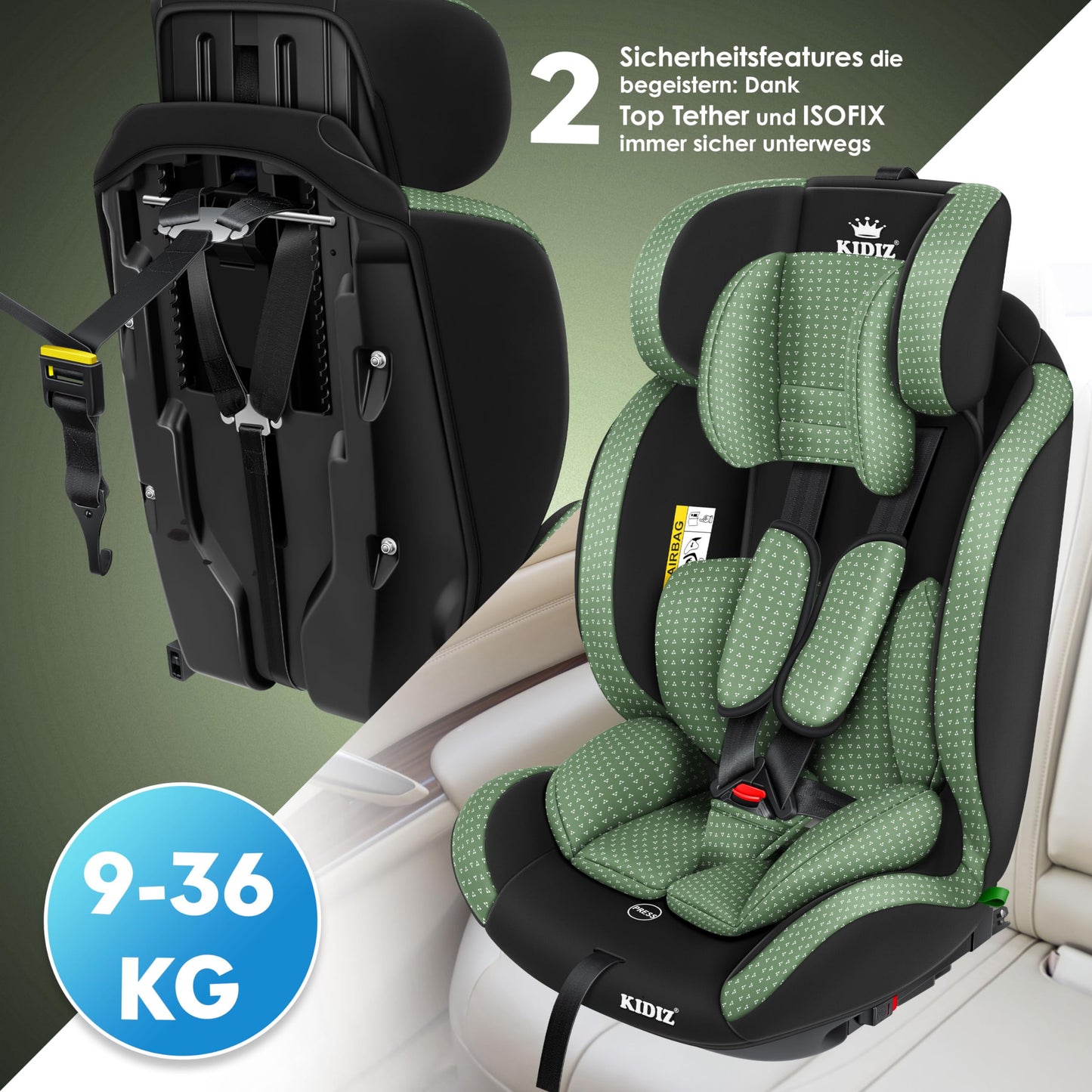 KIDIZ® Autokindersitz Triangle Premium Kindersitz Kinderautositz | Autositz Sitzschale | 9 kg - 36 kg 1-12 Jahre | Gruppe 1/2/3 | universal | zugelassen nach ECE R129/03 | mit Isofix - Meloni2