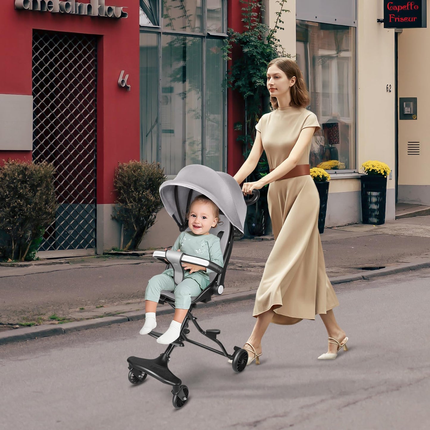 Buggy für Babys, ultraleicht, kompakt, faltbar und neigbar, von Geburt bis 25 kg, mit Trolley-System, Regenschutz inklusive, ausziehbarer Haube, C-schwarz