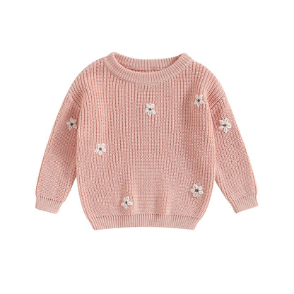 Geagodelia Baby Mädchen Gestrickt Pullover Langarm Rundhalsausschnitt Blume Winter Warm Gerippt Stricken Klobig Top Weich Kleinkind Kleidung Herbst Outwear