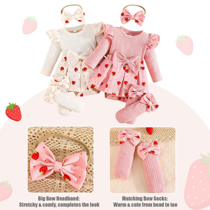 Winmany Strawberry Baby Girls Bodysuit with Sock Bow Headband Newborn Long Sleeve Bodysuit Autumn Winter Spring Jumpsuit Photography Props Clothes