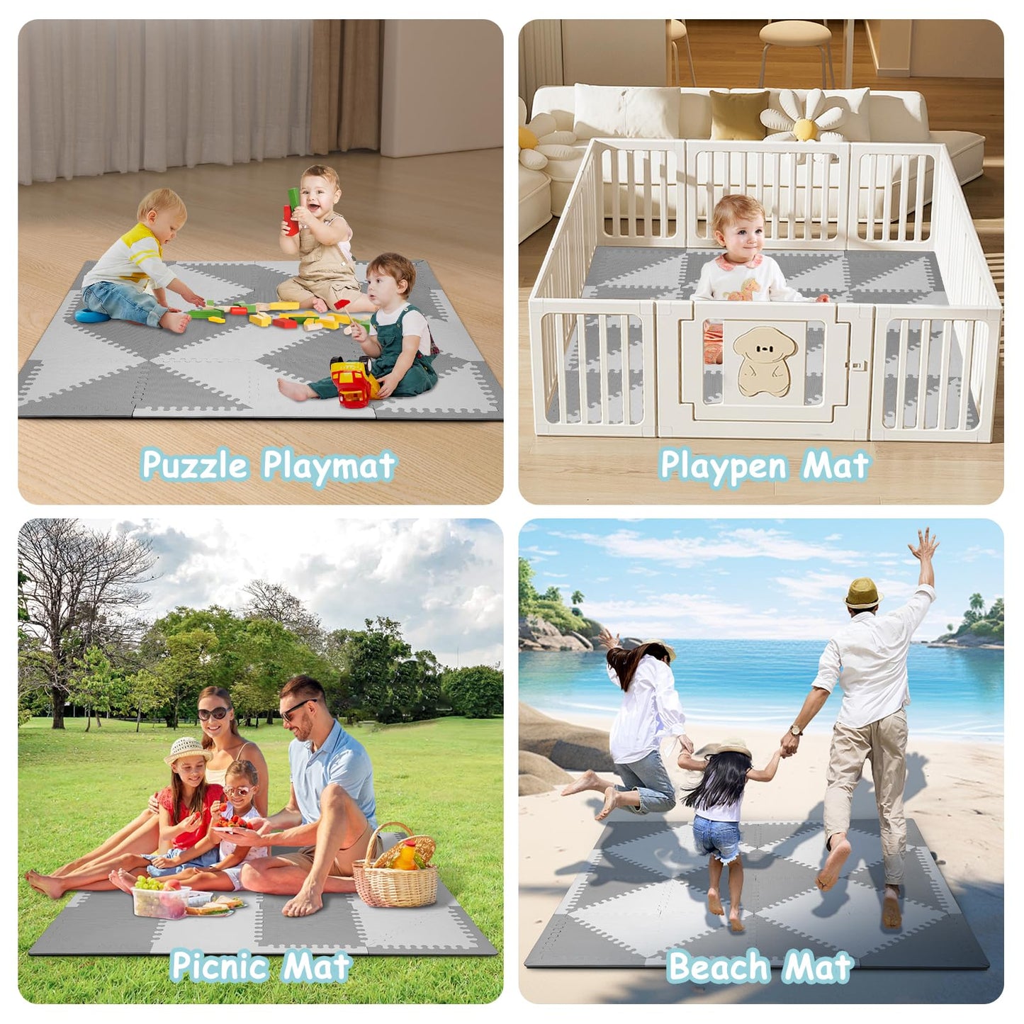 Funsland crawling carpet for babies, non-slip baby play mat, non-toxic 127x127cm, cotton animal crawling mat for babies, foldable with a height ruler, children's play mat for indoors/outdoors/fences 