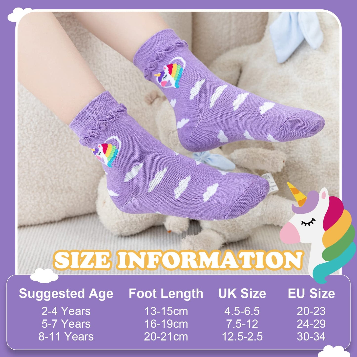 Cirorld Socken Kinder Mädchen Lustige Einhorn Meerjungfrau Tiergesicht Socken Süße Bunte Kindersocken Baumwolle Socken, 2-14 Jahre 6 Paare